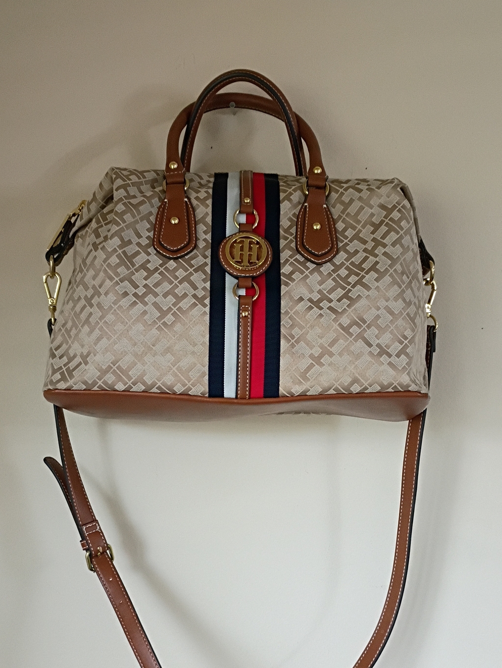 Tommy Hilfiger Beige Monogram Satchel with Red-White-Navy Stripe